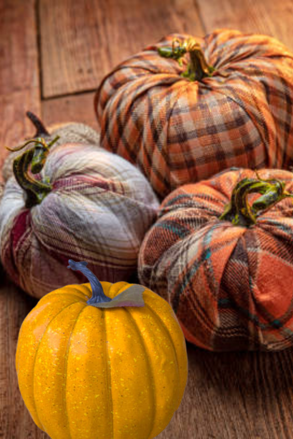 Image illustrates cozy plaid fabric pumpkins.