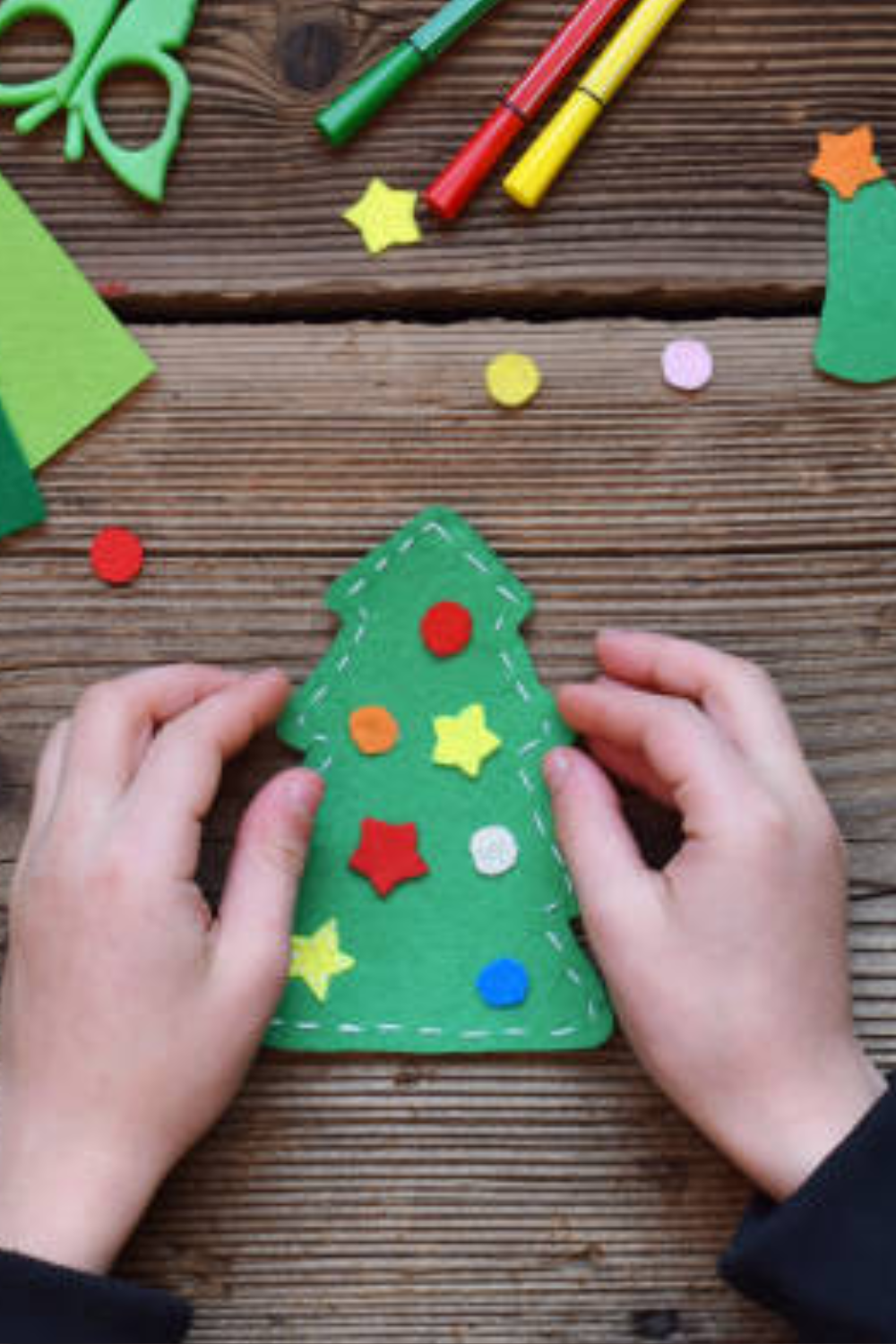 Image illustrates felt Christmas shapes for easy Christmas crafts for kids.
