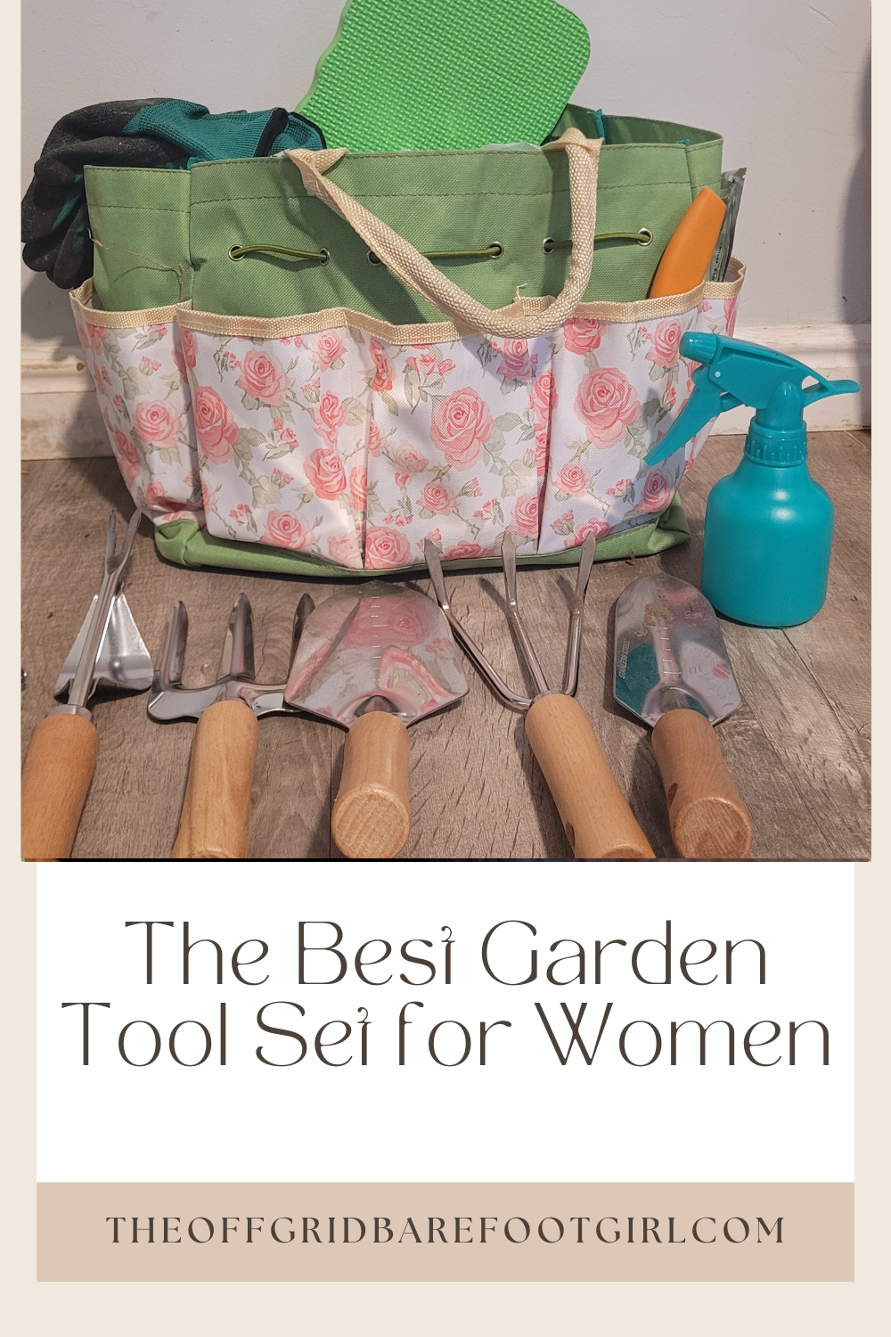 Image illustrates a Pinterest pin of a garden tool set for women.