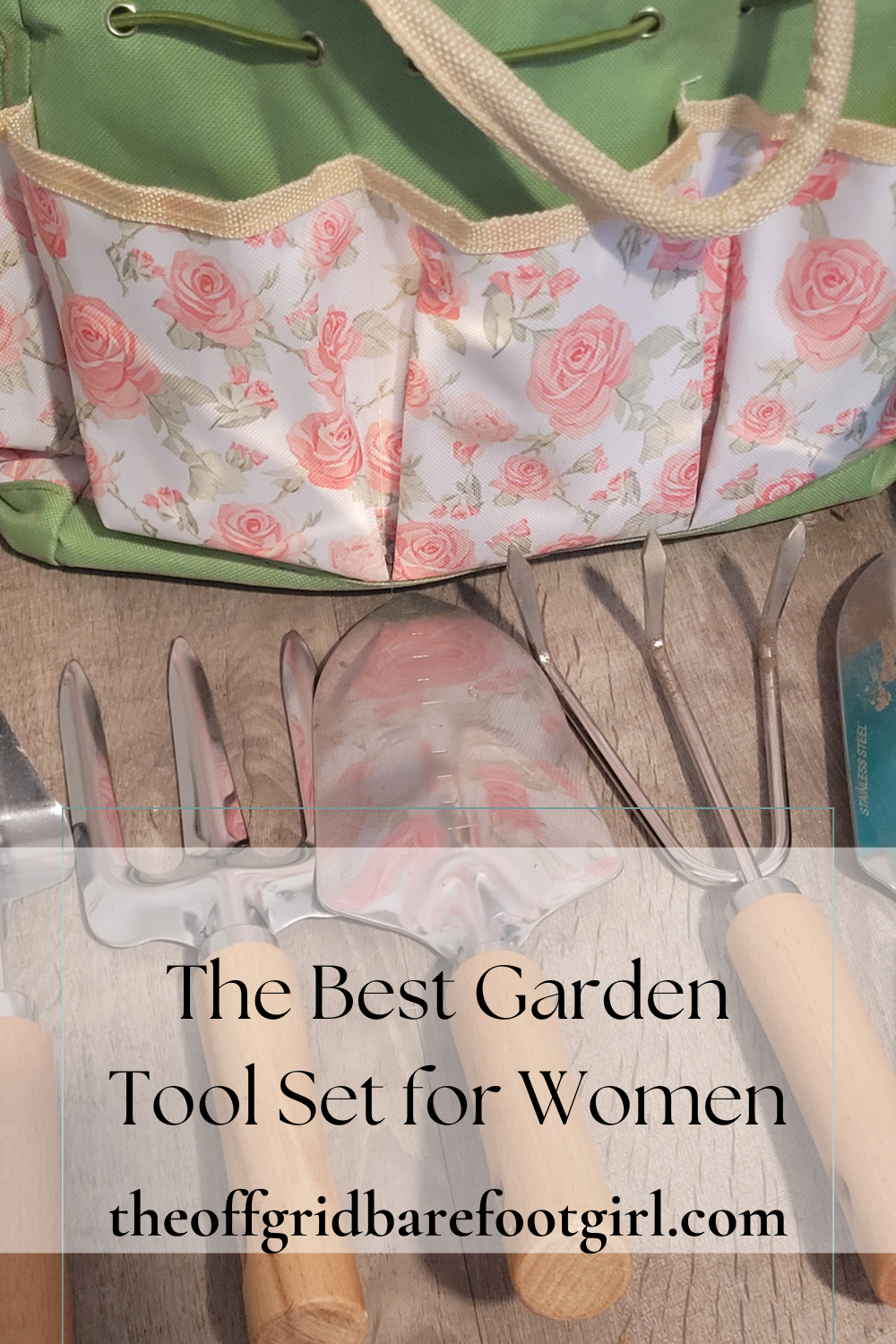 Image illustrates a Pinterest pin of a garden tool set for women.