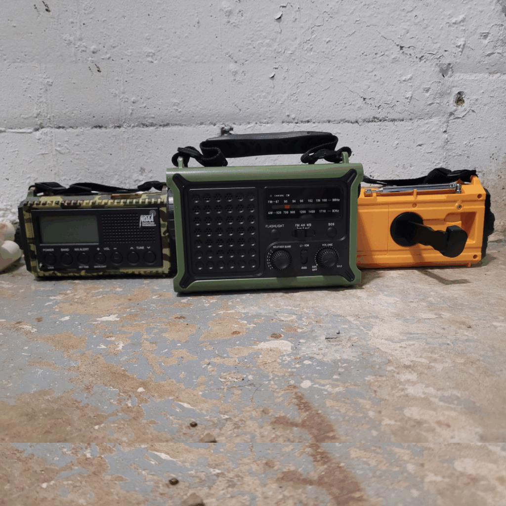 Image illustrates hand crank radios.