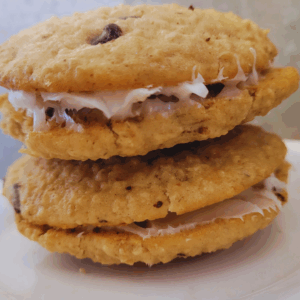 Image illustrates sourdough chocolate chip oatmeal cream pies.