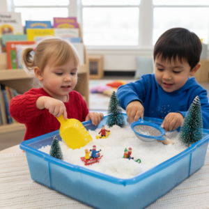 Image illustrates a snow dough sensory bin.