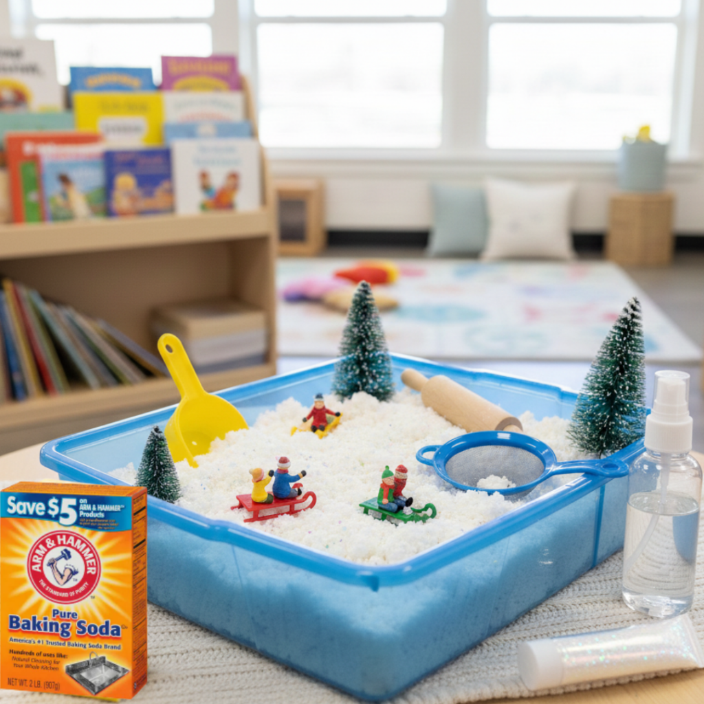 Image illustrates snow dough sensory bin.