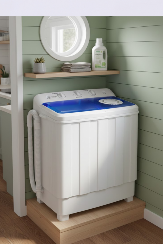 Image illustrates portable washing machines.