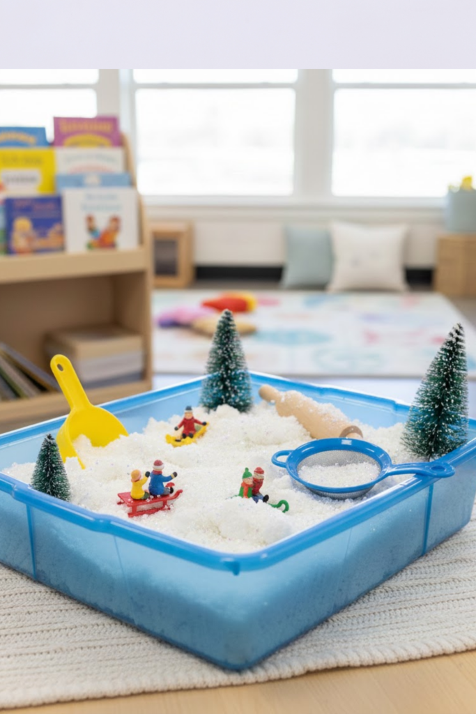 Image illustrates snow dough sensory bin.