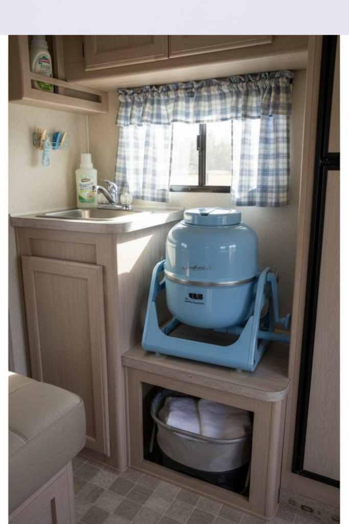 Image illustrates portable washing machines.