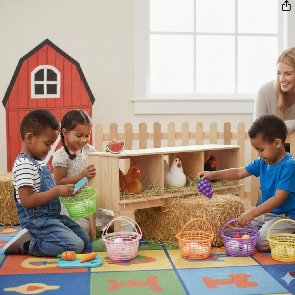 Image illustrates a chicken coop dramatic play center printables pack from The Off Grid Barefoot Girl.