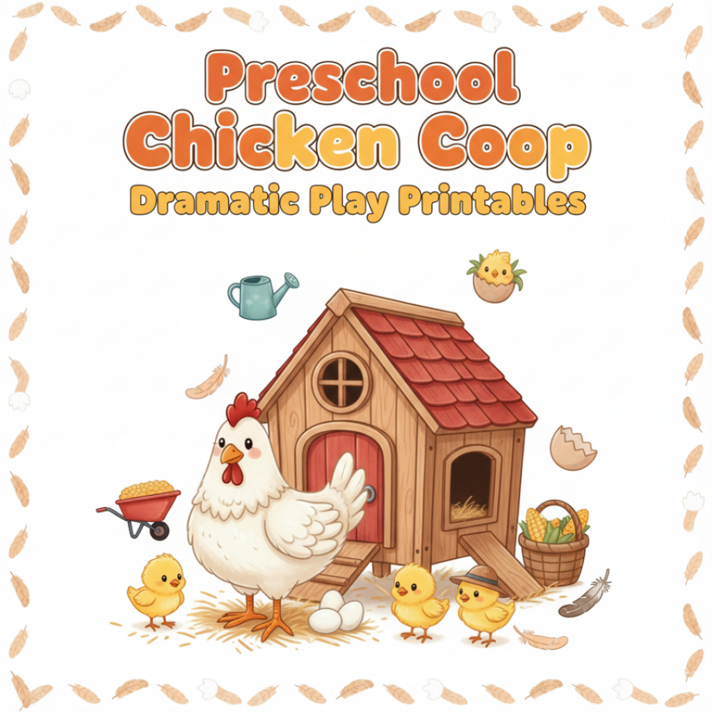Image illustrates preschool chicken coop dramatic play printables pack from The Off Grid Barefoot Girl.