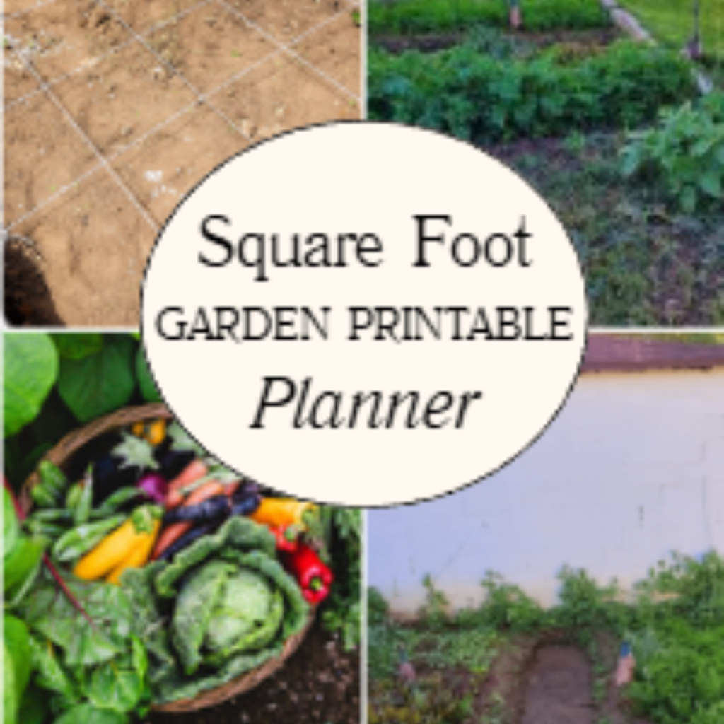 Image illustrates a free square foot garden printable planner.