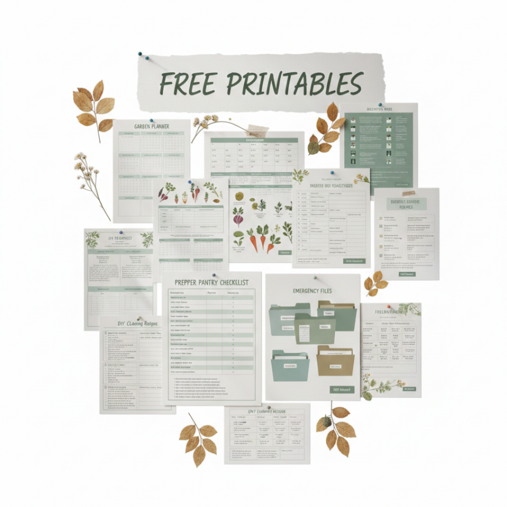 Image illustrates free printables for garden planners, homesteading planners, emergency prep, from The Off Grid Barefoot Girl.