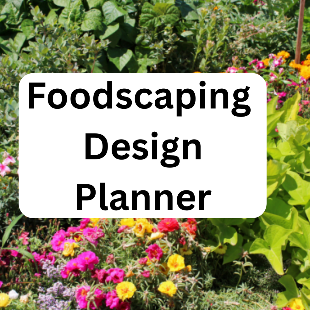Image illustrates a free foodscaping design printable planner from The Off Grid Barefoot Girl.
