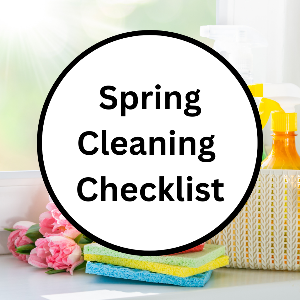 Image illustrates free printable checklist for spring cleaning from The Off Grid Barefoot Girl.