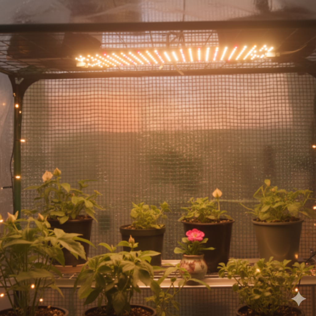 Image illustrates indoor seed-starting setup.