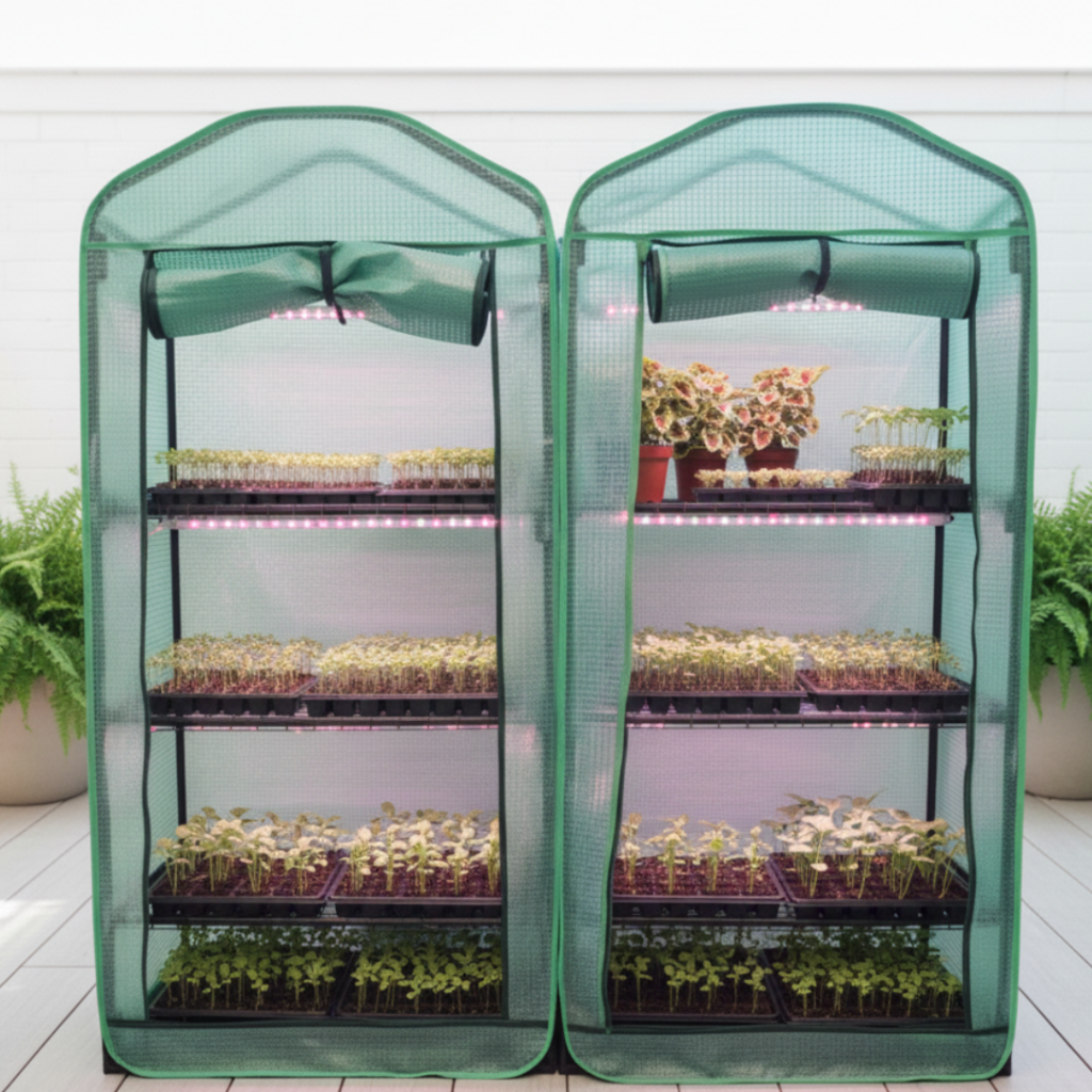Image illustrates a portable mini greenhouse for apartment survival gardening.