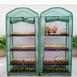 Image illustrates a portable mini greenhouse for apartment survival gardening.