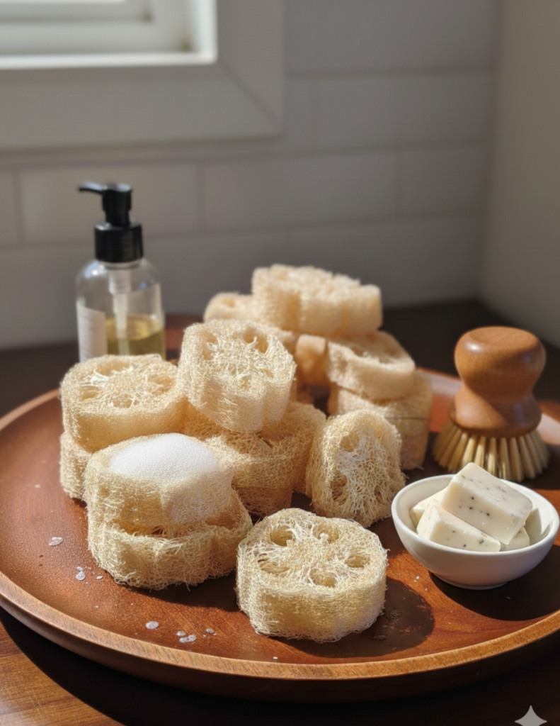 Image illustrates natural loofah slices.