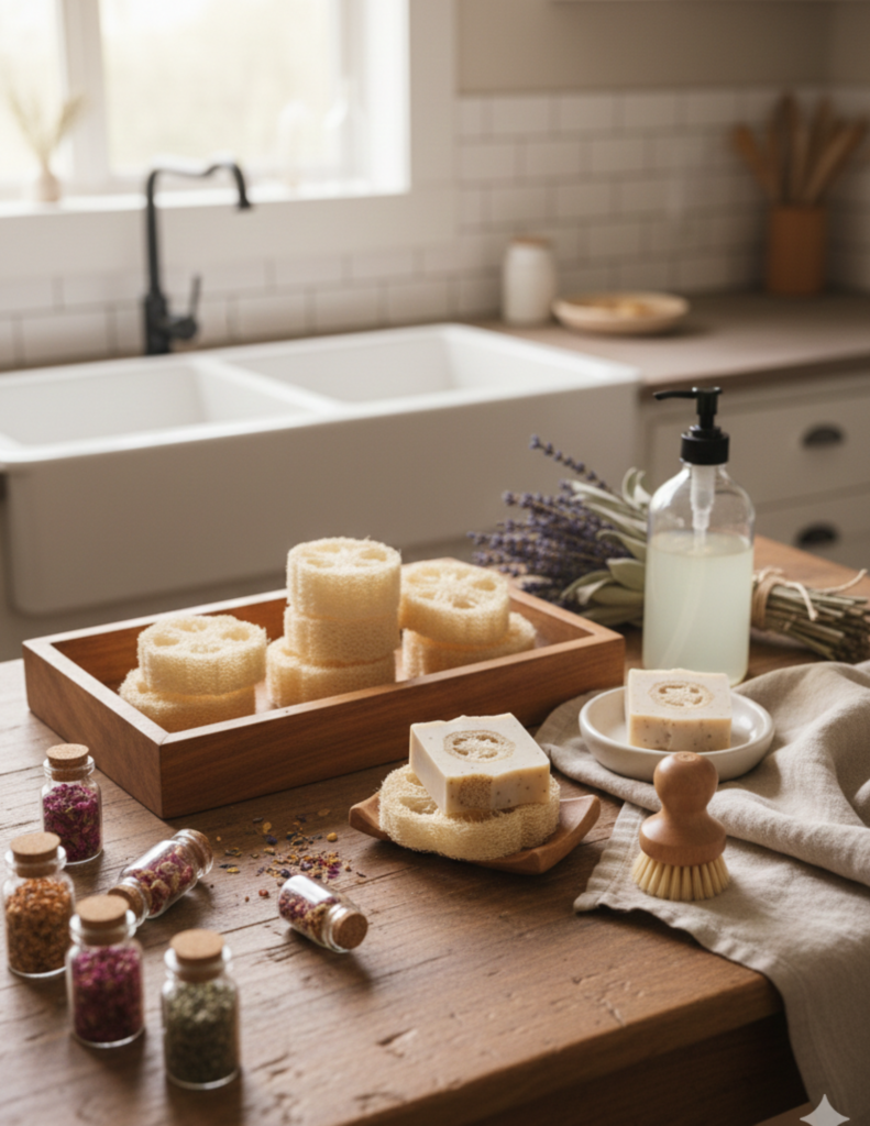 Image illustrates natural loofah slices.