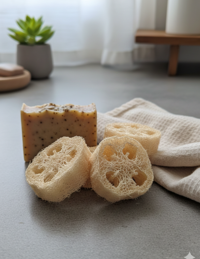 Image illustrates natural loofah slices.