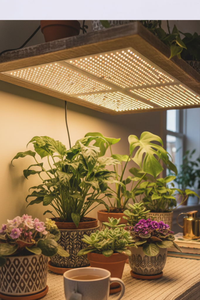 Image illustrates indoor seed-starting setup.