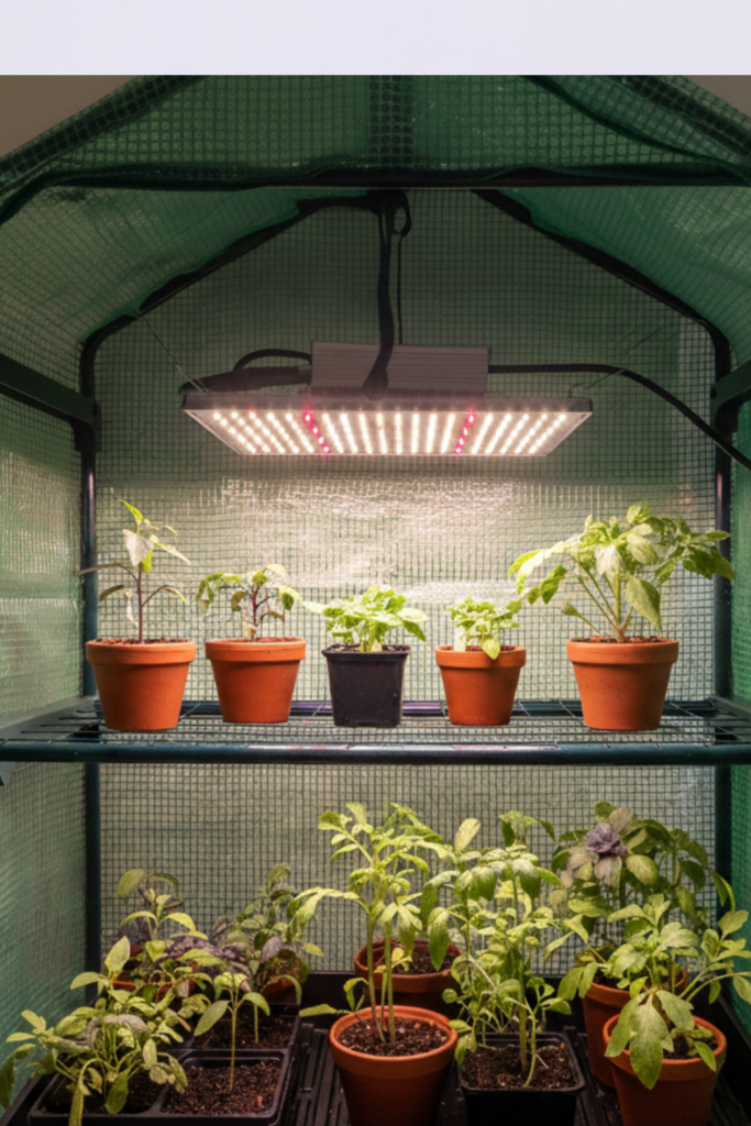 Image illustrates TheOneGrow grow light for my indoor plants.